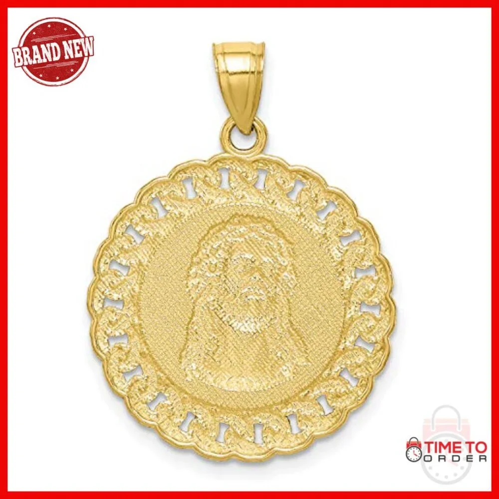 10k Gold Jesus Pendant Men's Religious Medallion Cuban Link Border